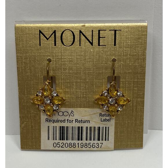 Vintage Monet Goldtone Earings with Amber and Diamond Like Stones NEW - Picture 3 of 6